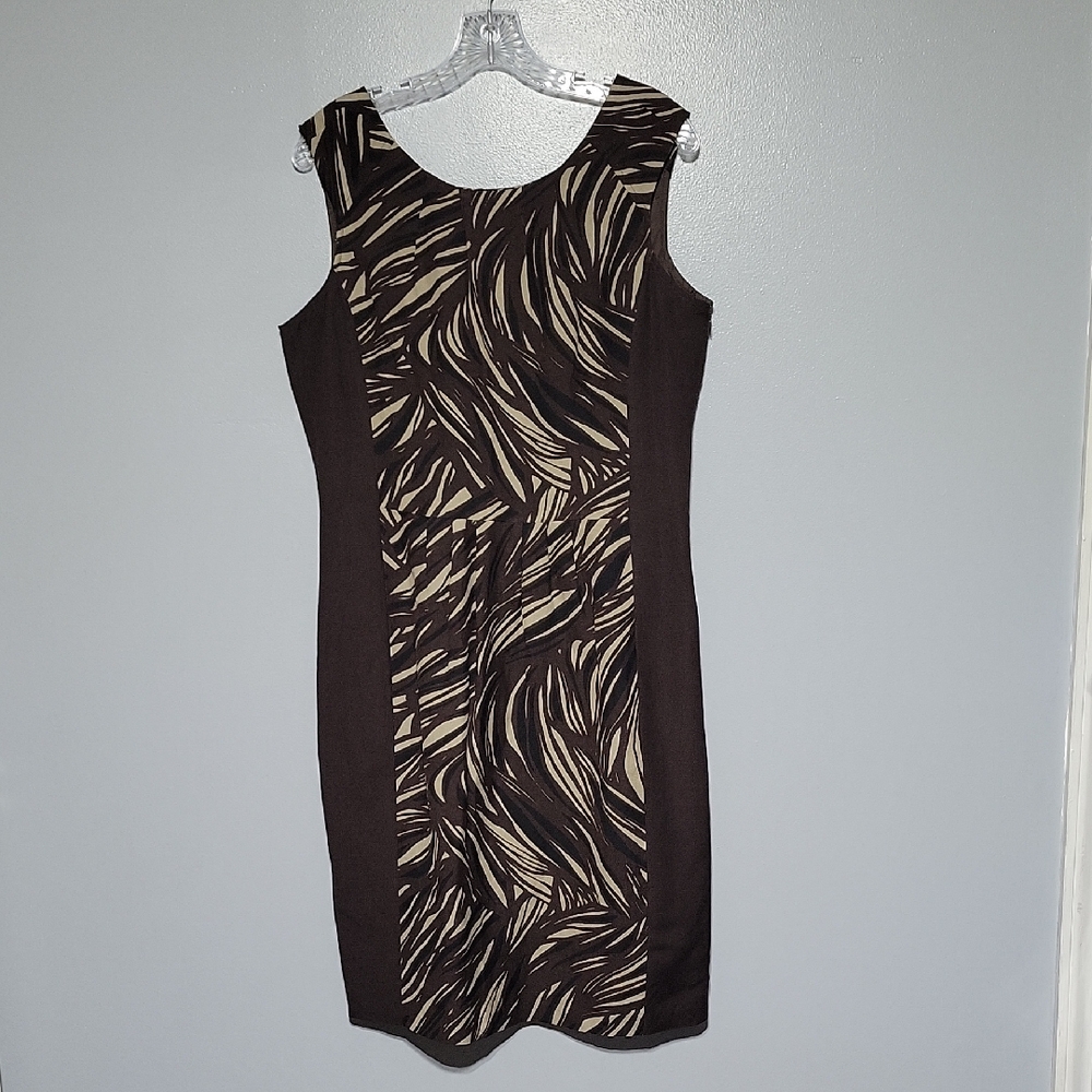 East 5th Women's 55% Linen Palm Brown & Cream Sleeveless Lined Shift Dress Sz 12